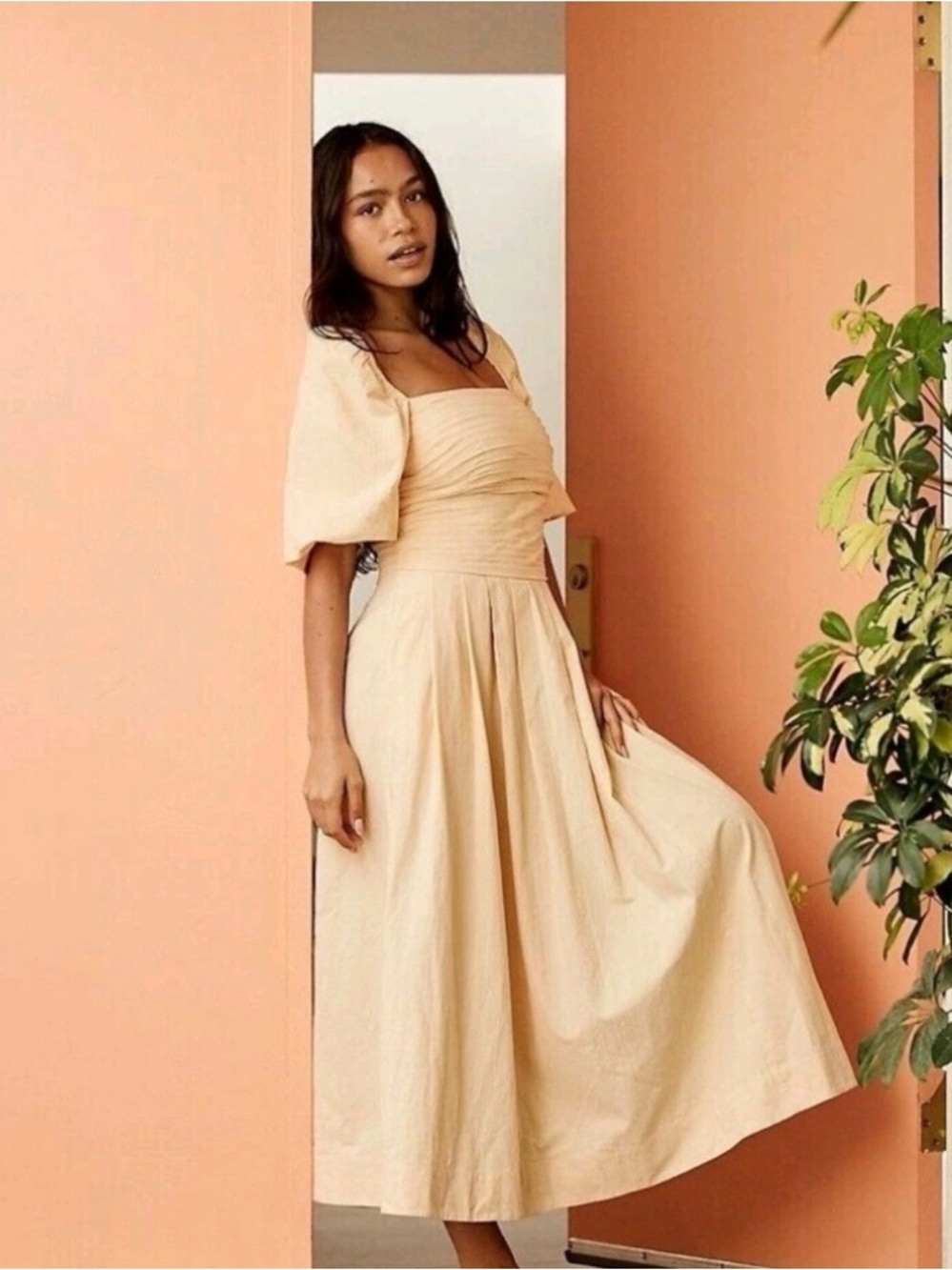 Free People Elegant Cream Puff-Sleeve Midi Dress